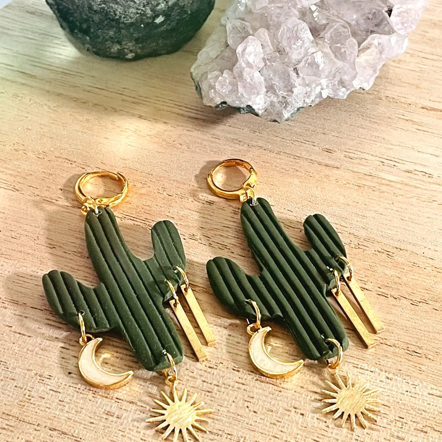 Celestial Cactus Asymmetrical Dangle Earrings Boho Desert Opal