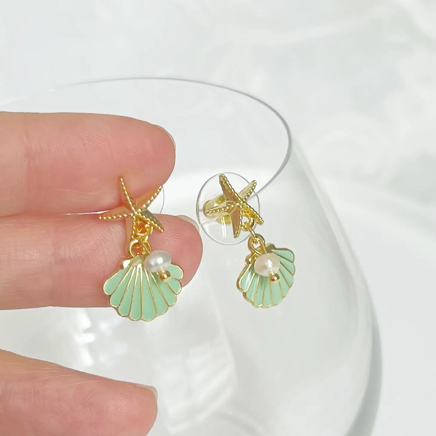Gold Starfish and Green Seashell with Mini Pearl Drop Earring
